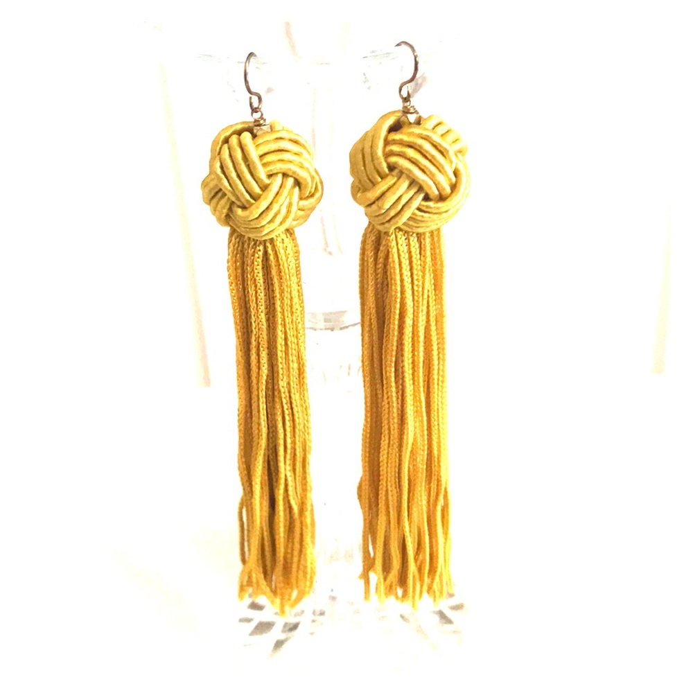 Gold fringe and knot ball drop earrings
